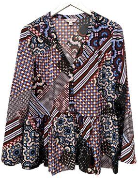 Nanette Lepore  Patchwork Ruffle Hem Blouse Large Blue Wine Long Sleeve Top